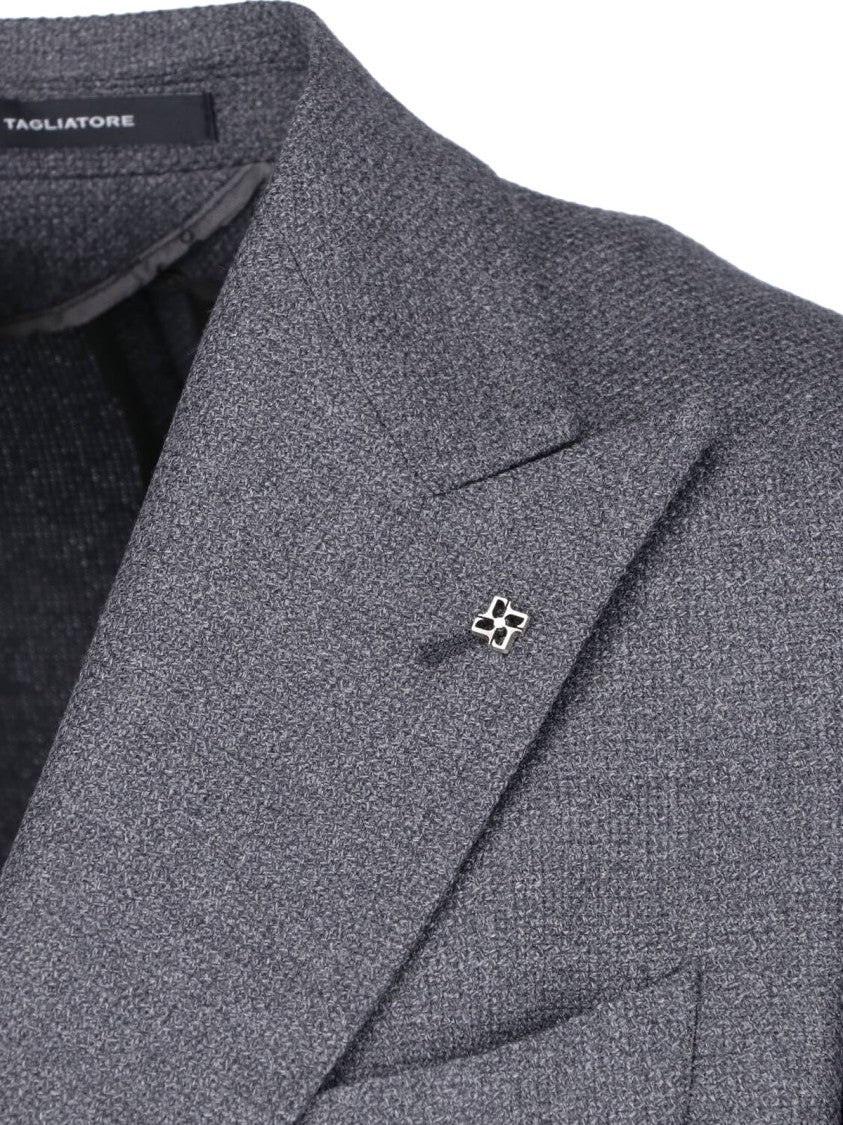 Tagliatore Double-Breasted Grey Virgin Wool Blazer With Peak Lapel