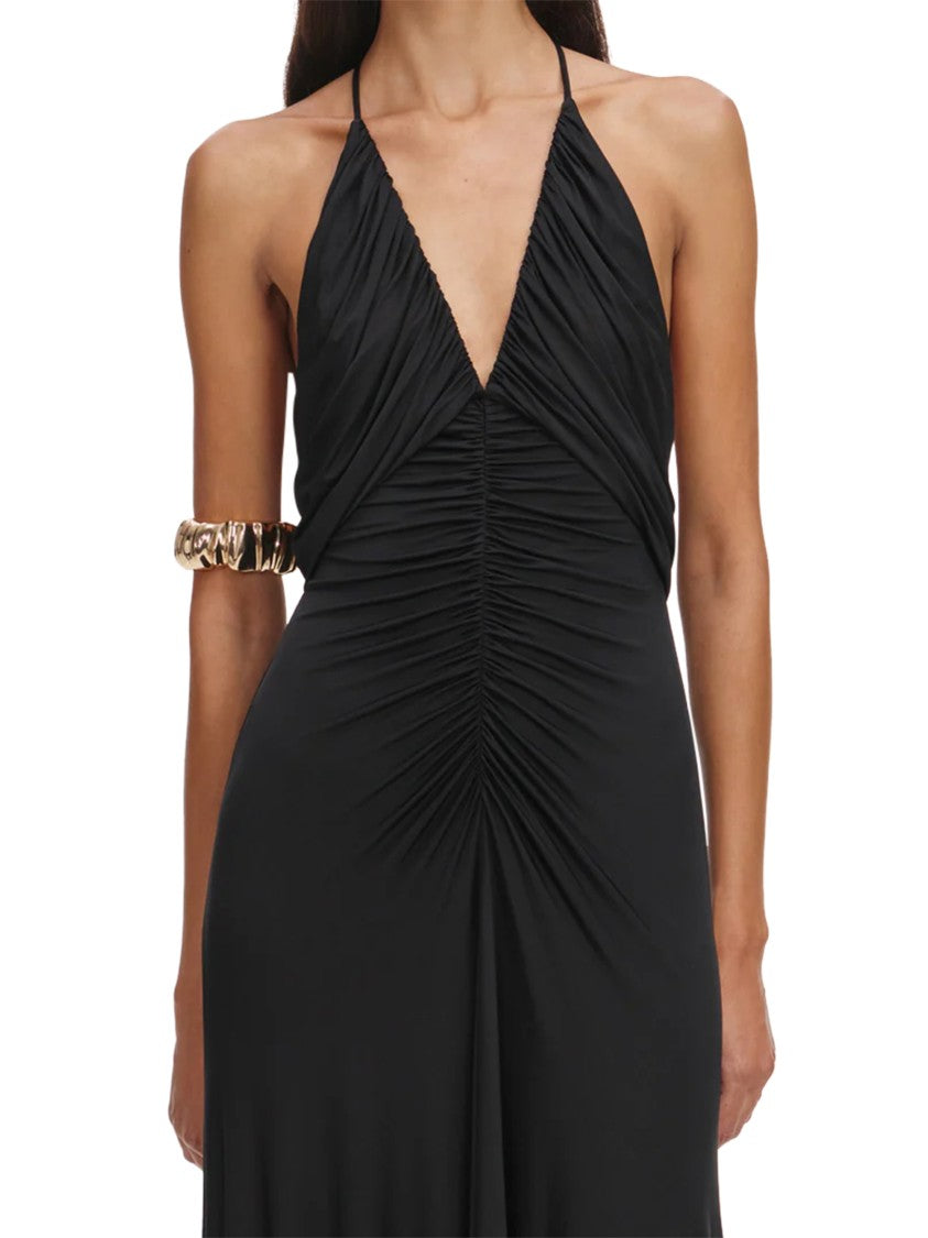 Self-Portrait Gathered Black Jersey Maxi Dress With Deep V-Neckline