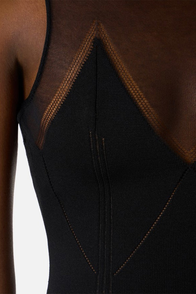Elisabetta Franchi Black Sheer Mesh Yoke Ribbed Viscose-Blend Midi Dress