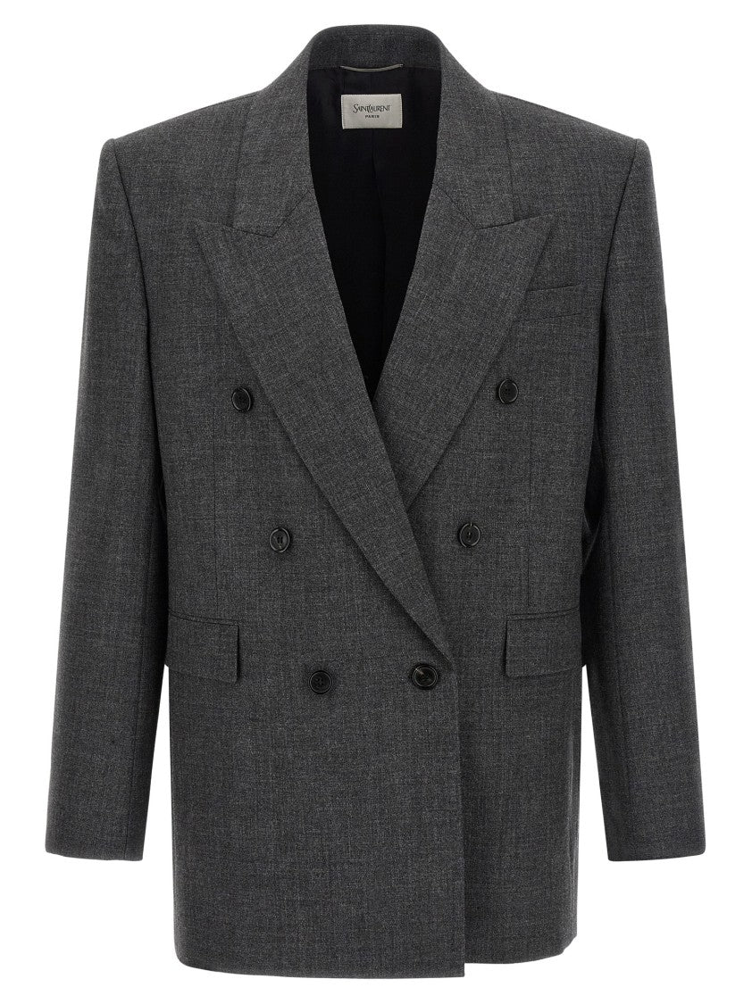Saint Laurent Double-Breasted Mélange Wool Blazer