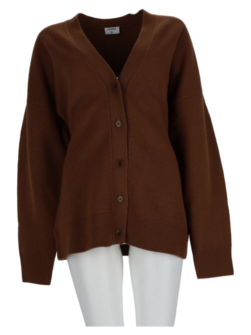 Filippa K Brown Deep V-Neck Relaxed Wool Cardigan