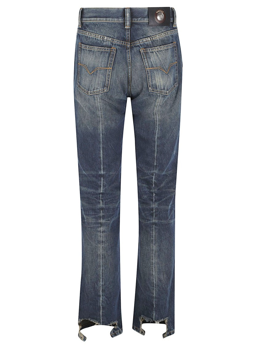 Versace Distressed Blue Denim Straight-Leg Jeans With Medusa Emblem