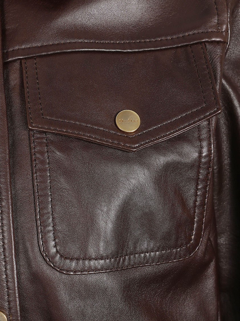Max Mara Brown Lamb Leather Jacket With Classic Collar And Gold-Tone Accents