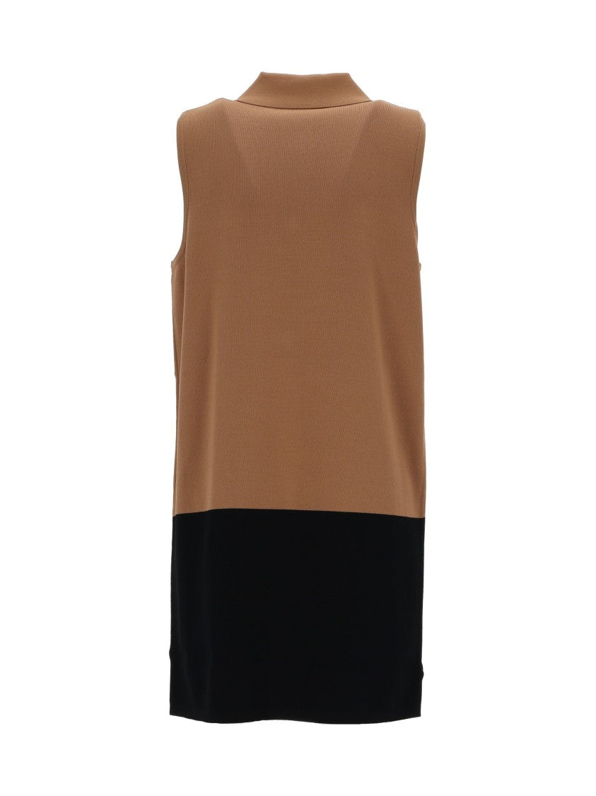 Elisabetta Franchi Sleeveless Two-Tone Knit Dress With Flap Pockets And Gold Accents