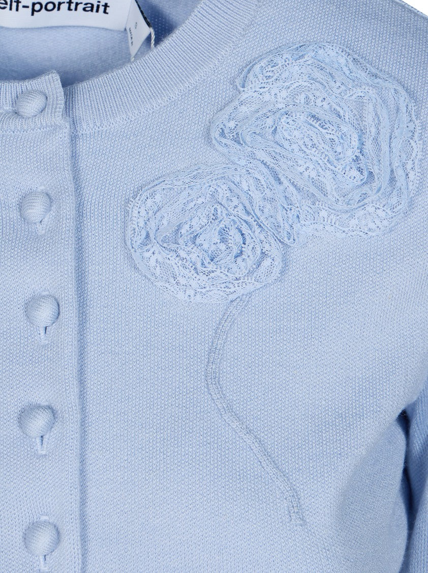 Self-Portrait Blue Flower Appliqué Cropped Knit Cardigan