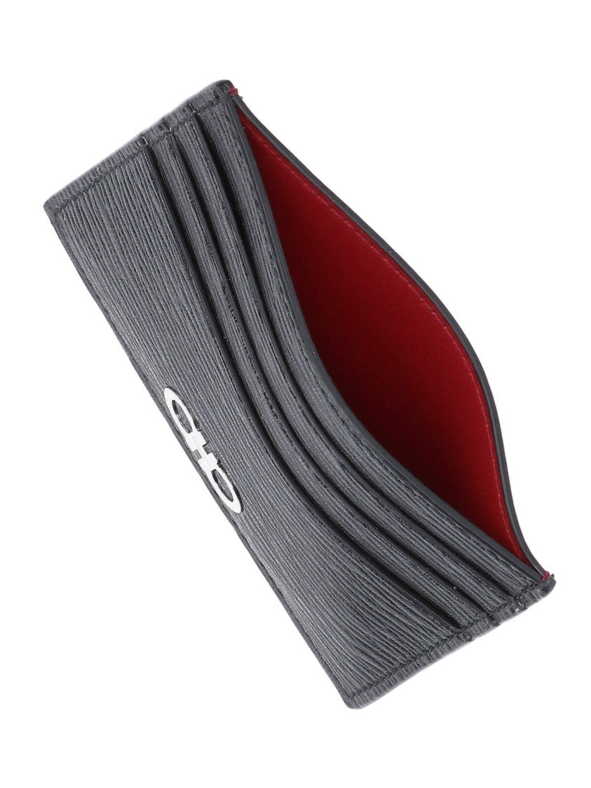 Ferragamo Black/Red Gancini Crinkle Leather Card Case