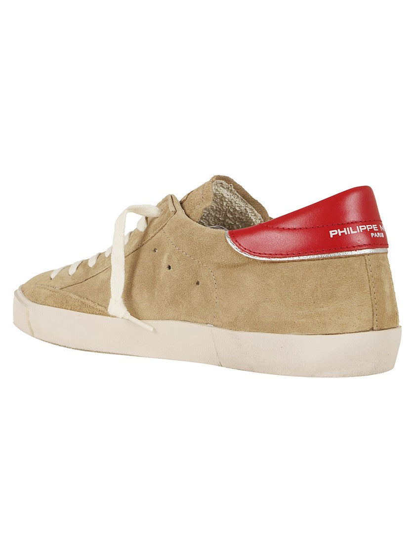 Philippe Model Beige Suede Low-Top Sneakers With Red Heel Tab