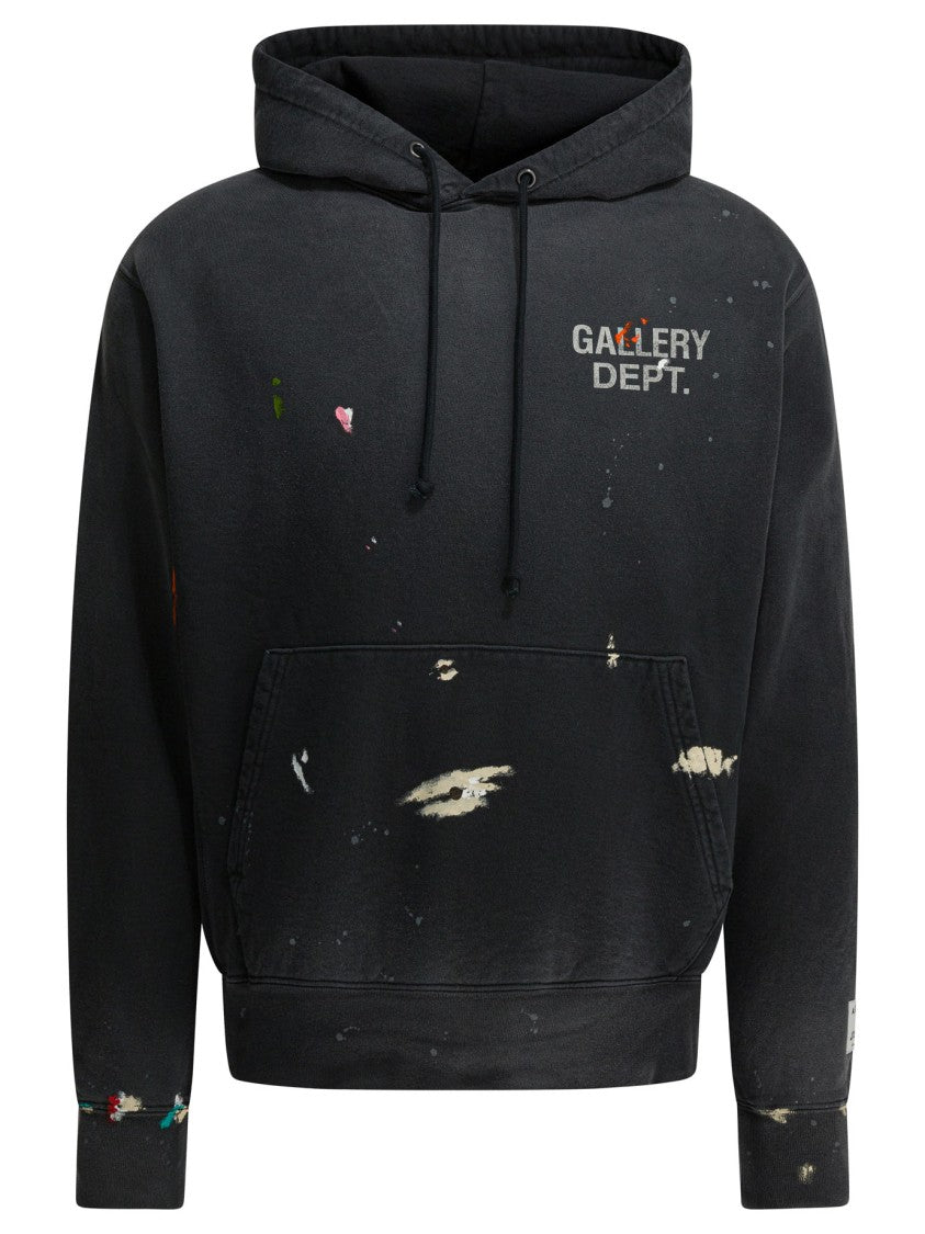 Gallery Dept. Distressed Black Cotton Hoodie With Paint Splatter Detail
