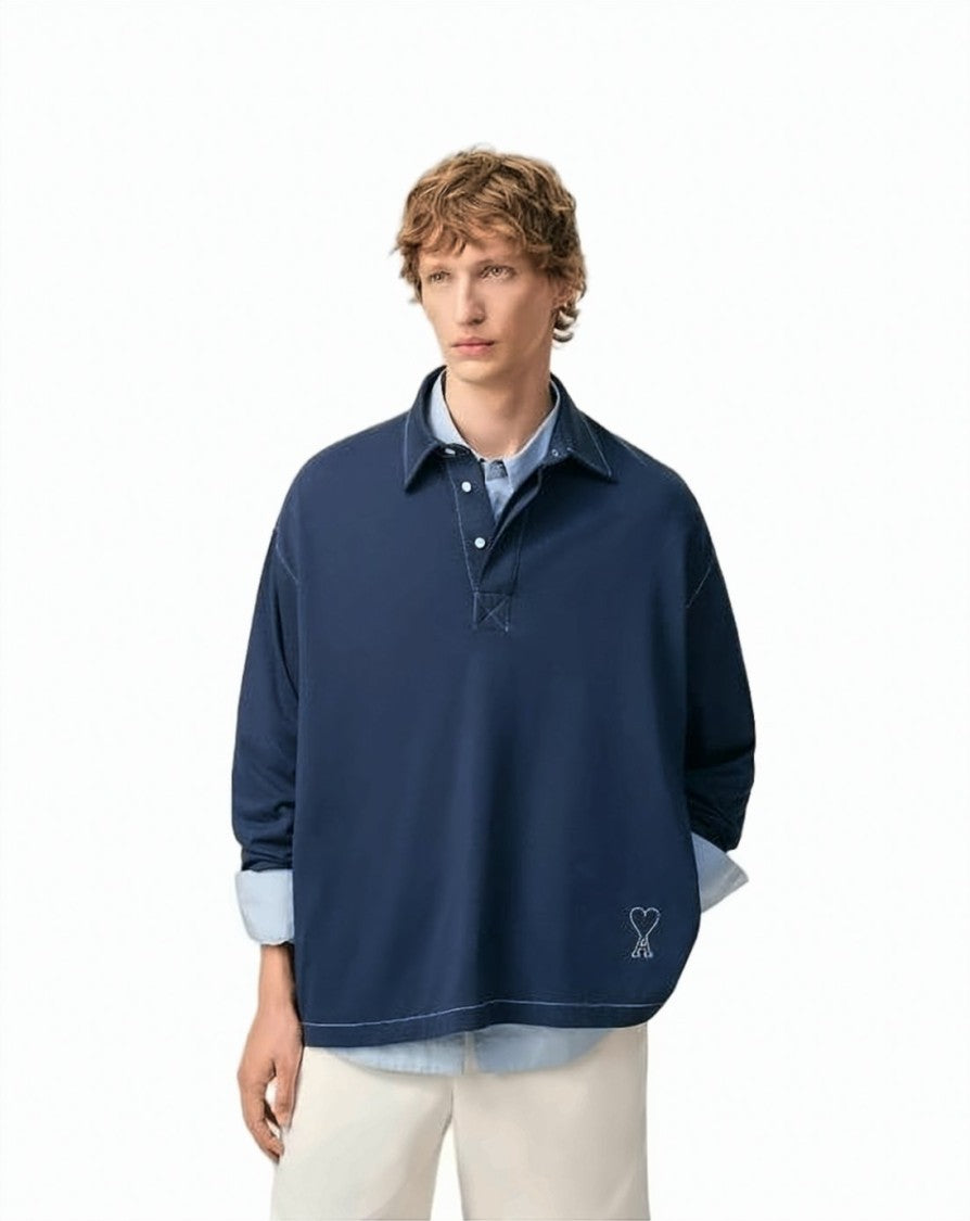 Ami Paris Long-Sleeve Cotton Polo With Embroidered Heart Detail