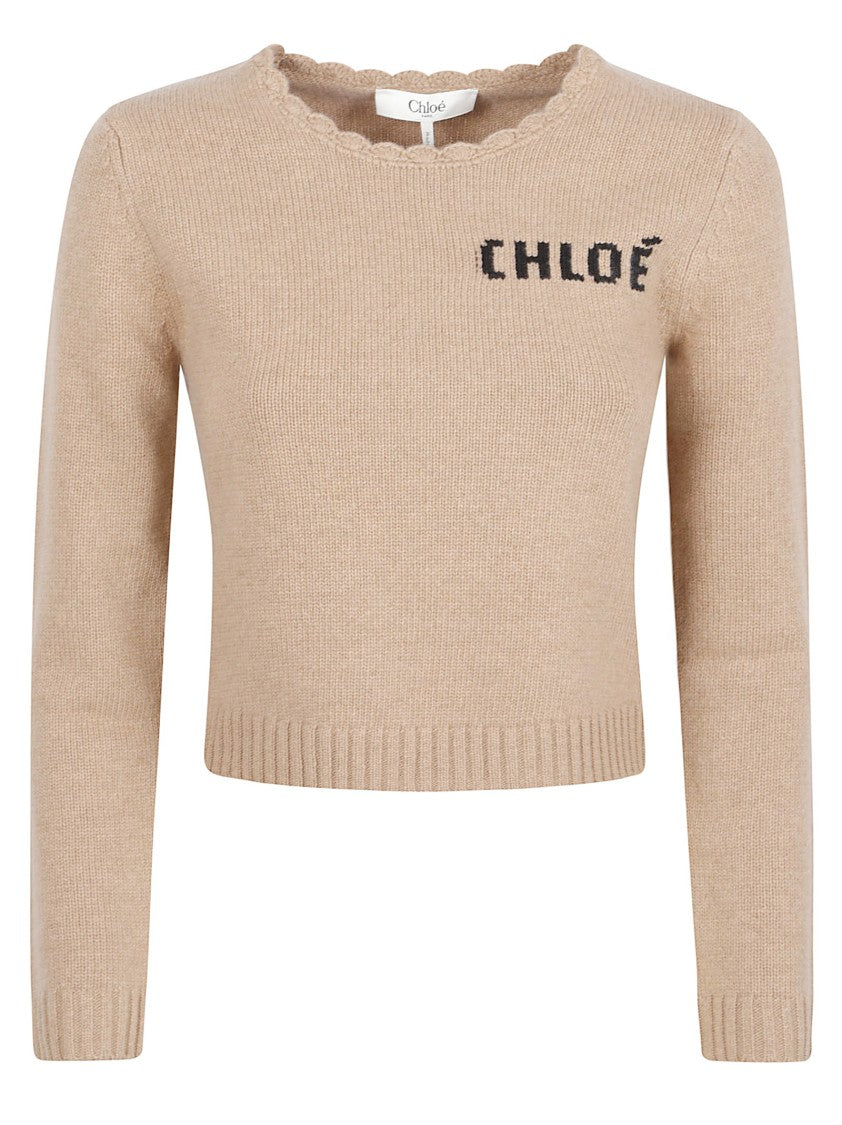Chloé Intarsia Logo Grey Wool-Cashmere Sweater