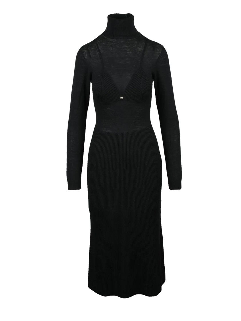 Elisabetta Franchi Black Knit Midi Dress With High Turtleneck And Ribbed Detailing