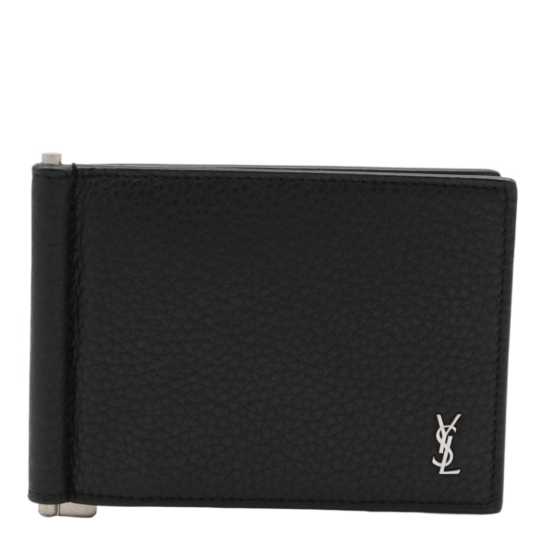 Saint Laurent Textured Leather Wallet With Metal Clip And Logo Emblem