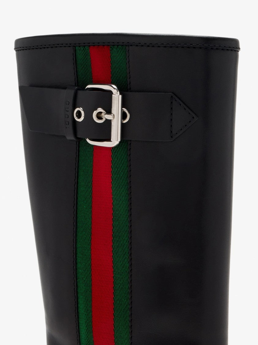 Gucci Kate Buckled Striped Leather Mid-Calf Boots