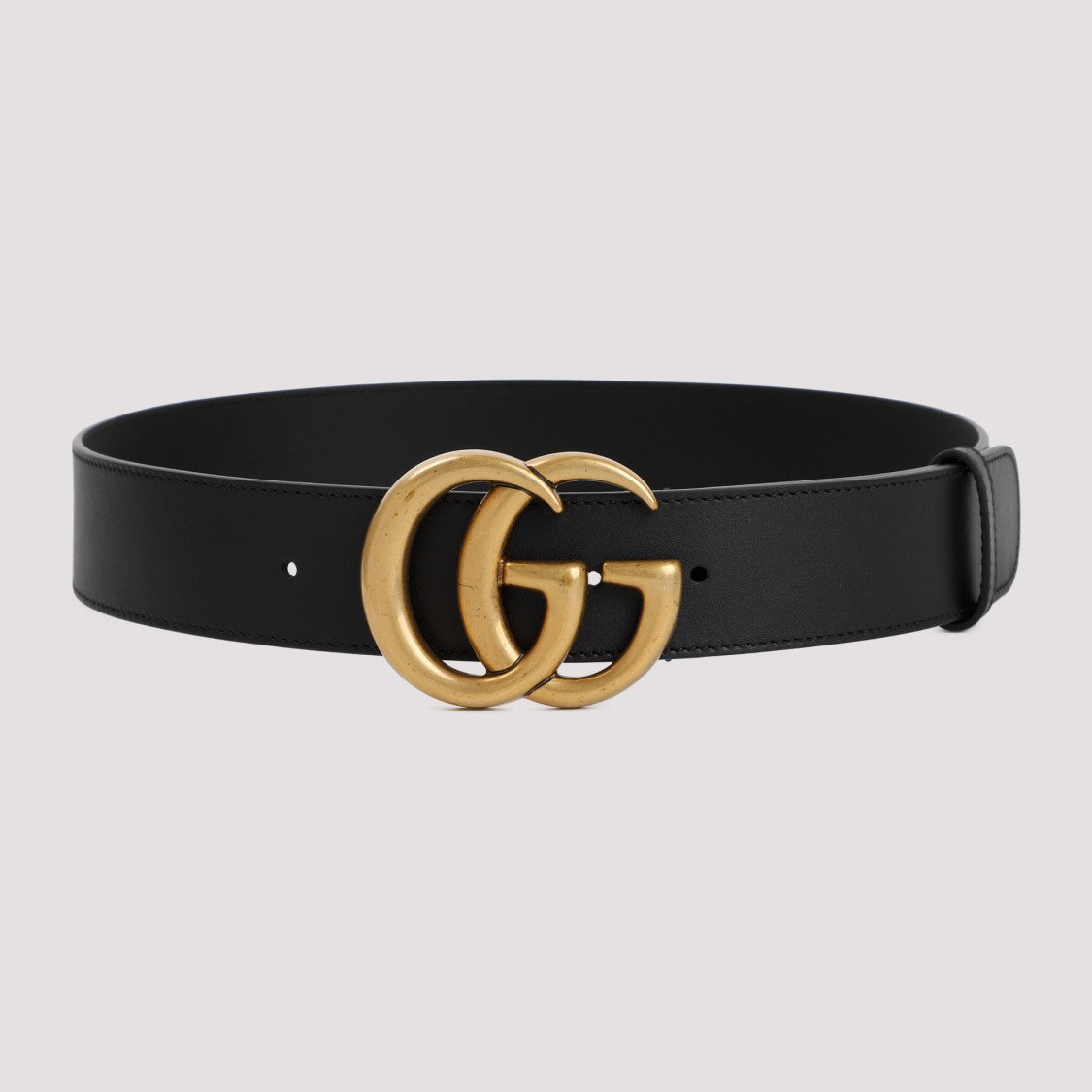 Gucci Black Leather Belt With Antique Gold-Tone Metal Double G Buckle Closure, Antique Brass Hardware And Leather Loop