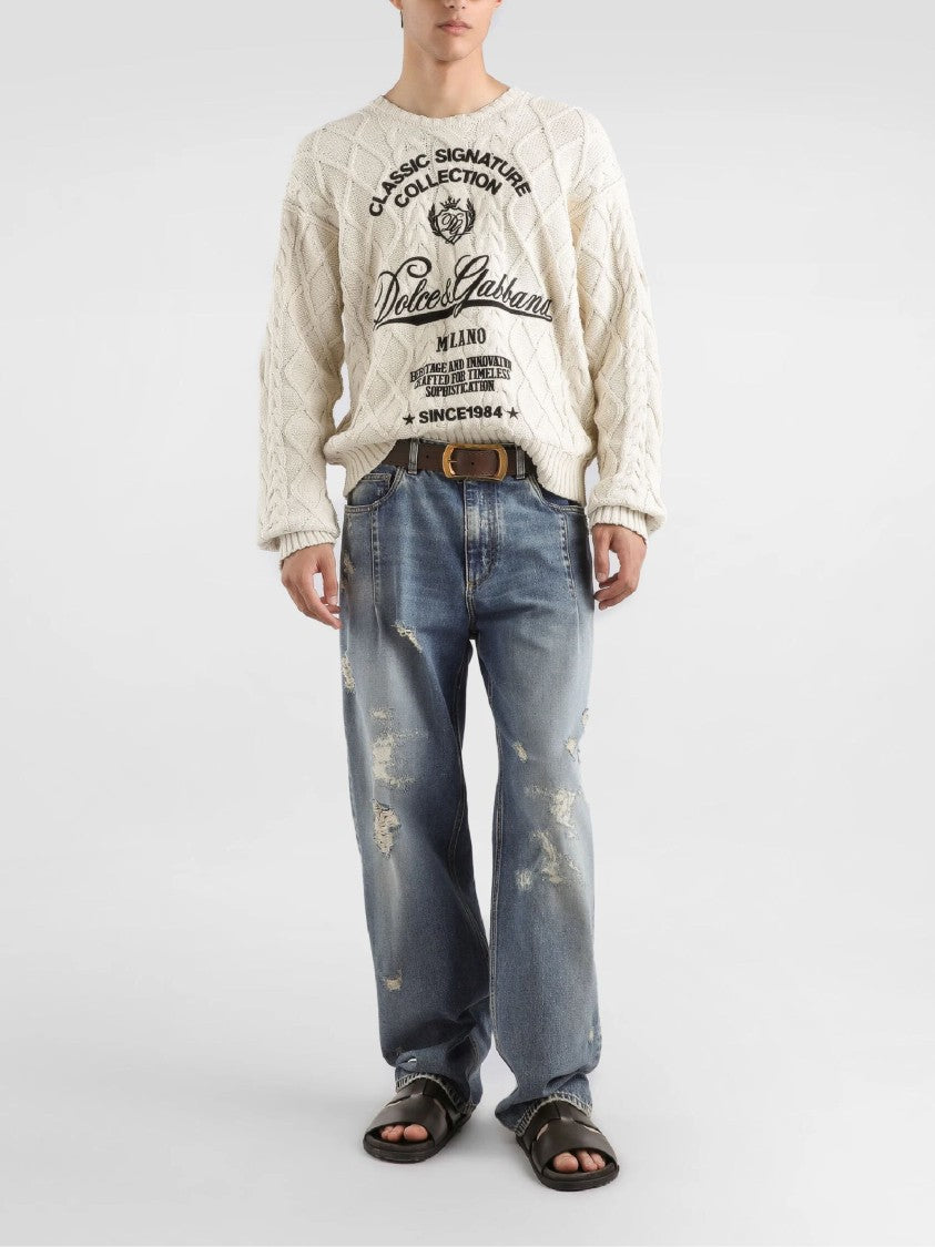 Dolce & Gabbana Beige Cable Knit Logo Sweater