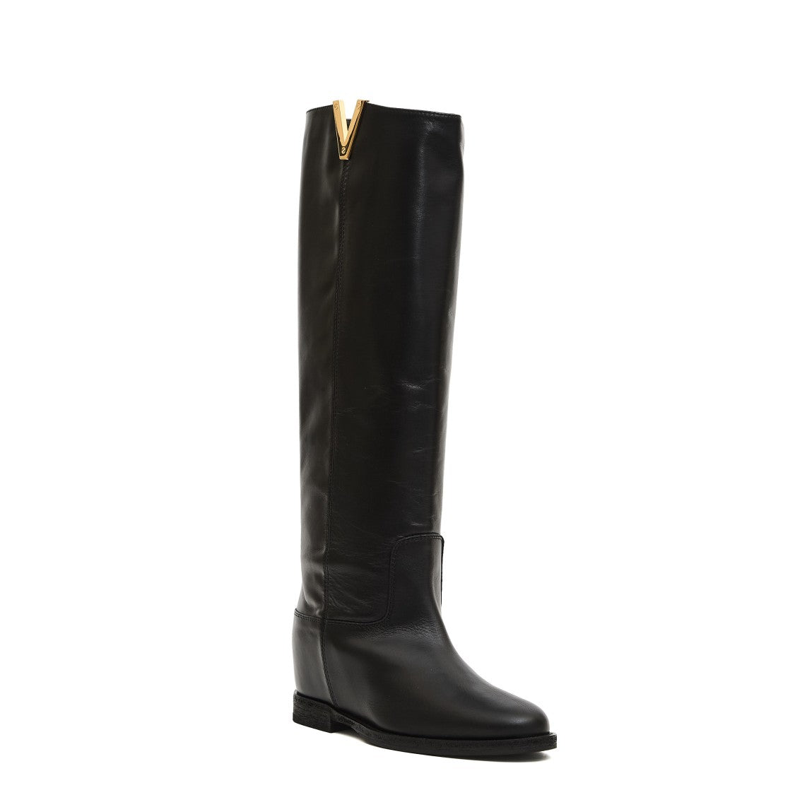 Via Roma 15 Tall Leather Boots With Gold V Accent And Wedge Heel