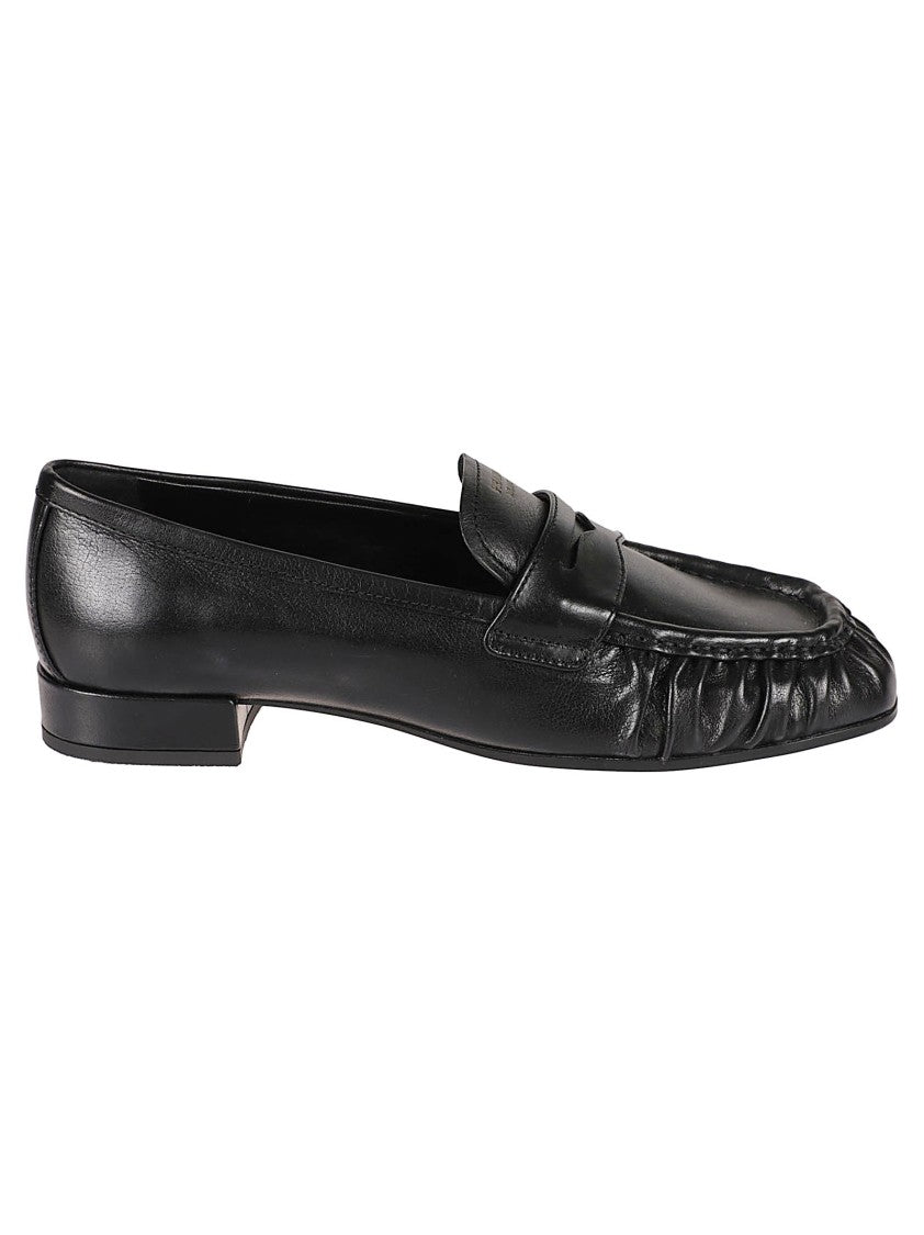 Prada Gathered Black Leather Loafers With Penny Strap