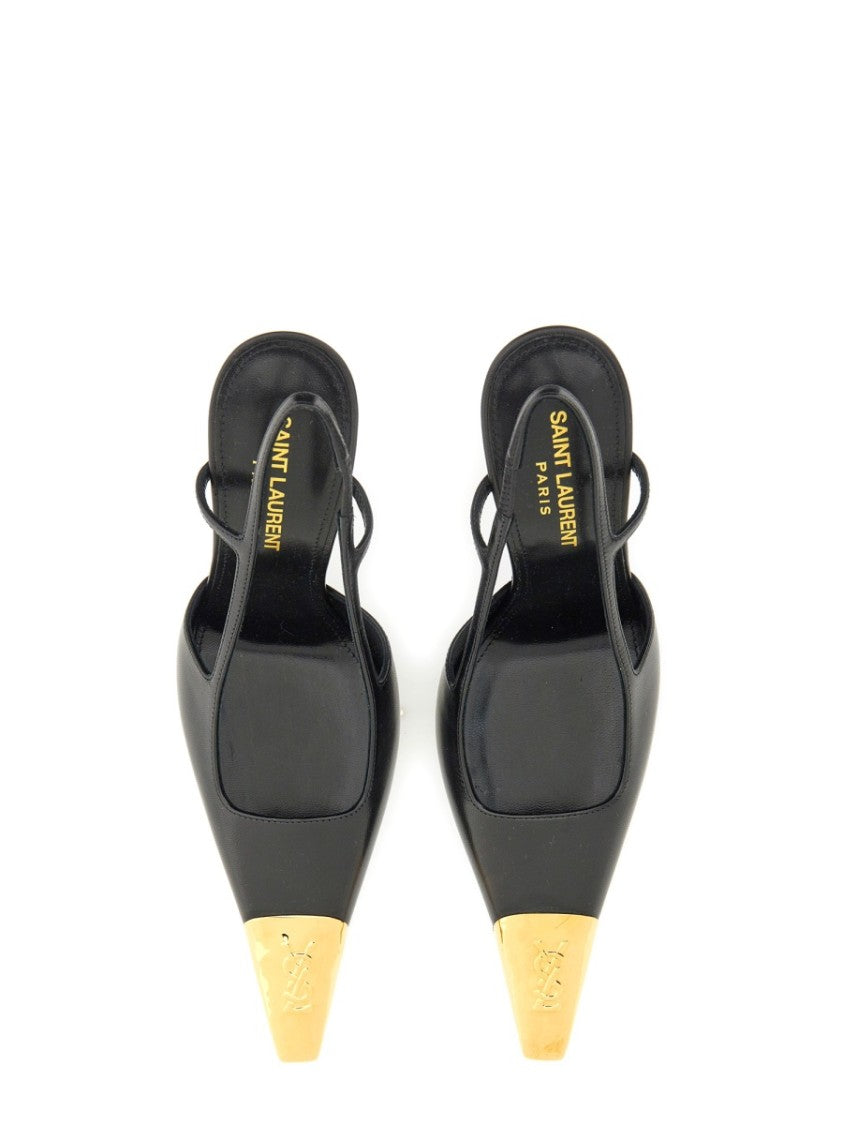Saint Laurent Slingback Pumps With Metallic Gold Accent And Slim Stiletto Heel