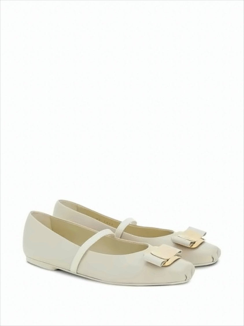 Salvatore Ferragamo Napa Leather Flats With Metallic Bow Detail