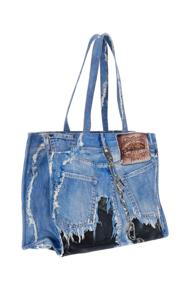 Acne Studios Distressed Denim Frayed Chain Accent Tote Bag