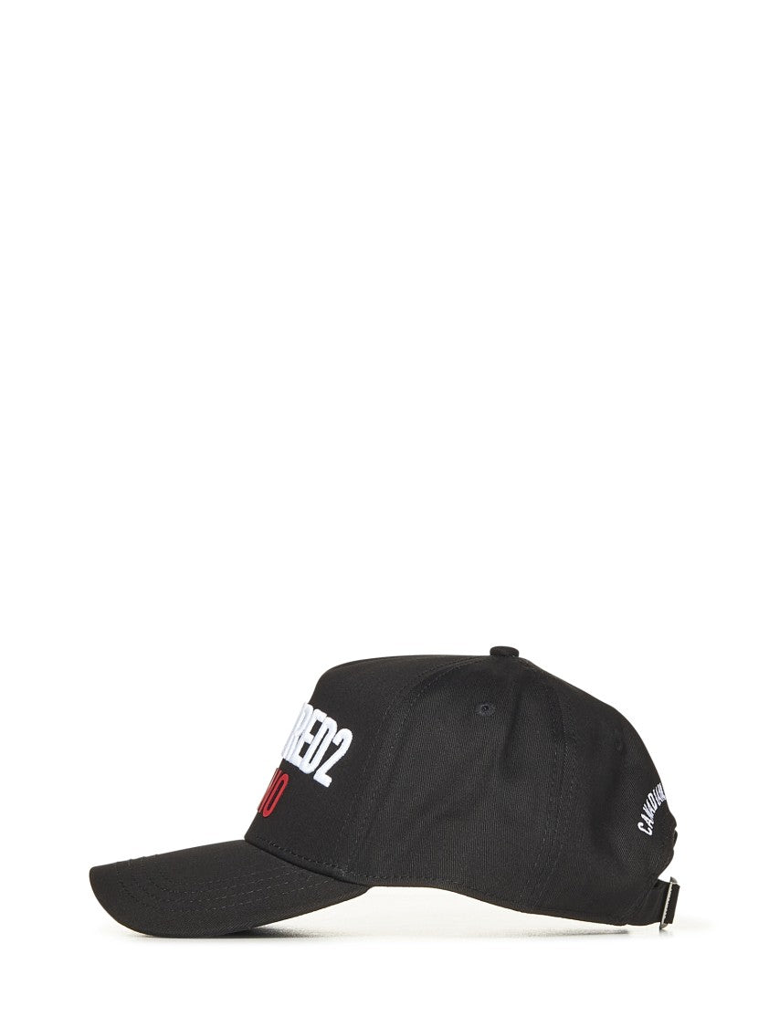 Dsquared2 Distressed Black Cotton Baseball Cap With Logo Embroidery