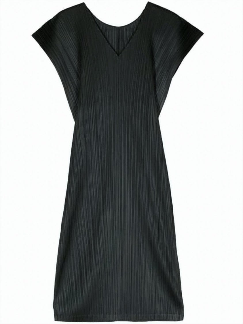 Pleats Please Pleated Black Midi Dress With V-Neckline