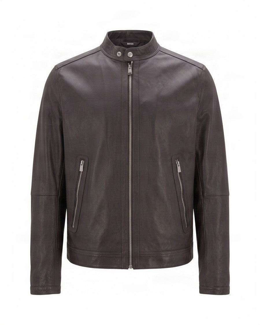 Boss Leather Effect Jacket With Zip Closure And Shirt Collar