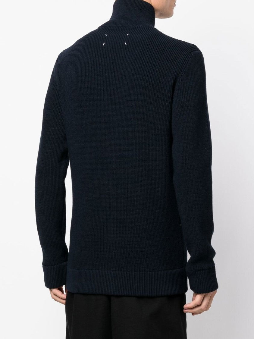 Maison Margiela Navy Blue Ribbed Cardigan With High Neck