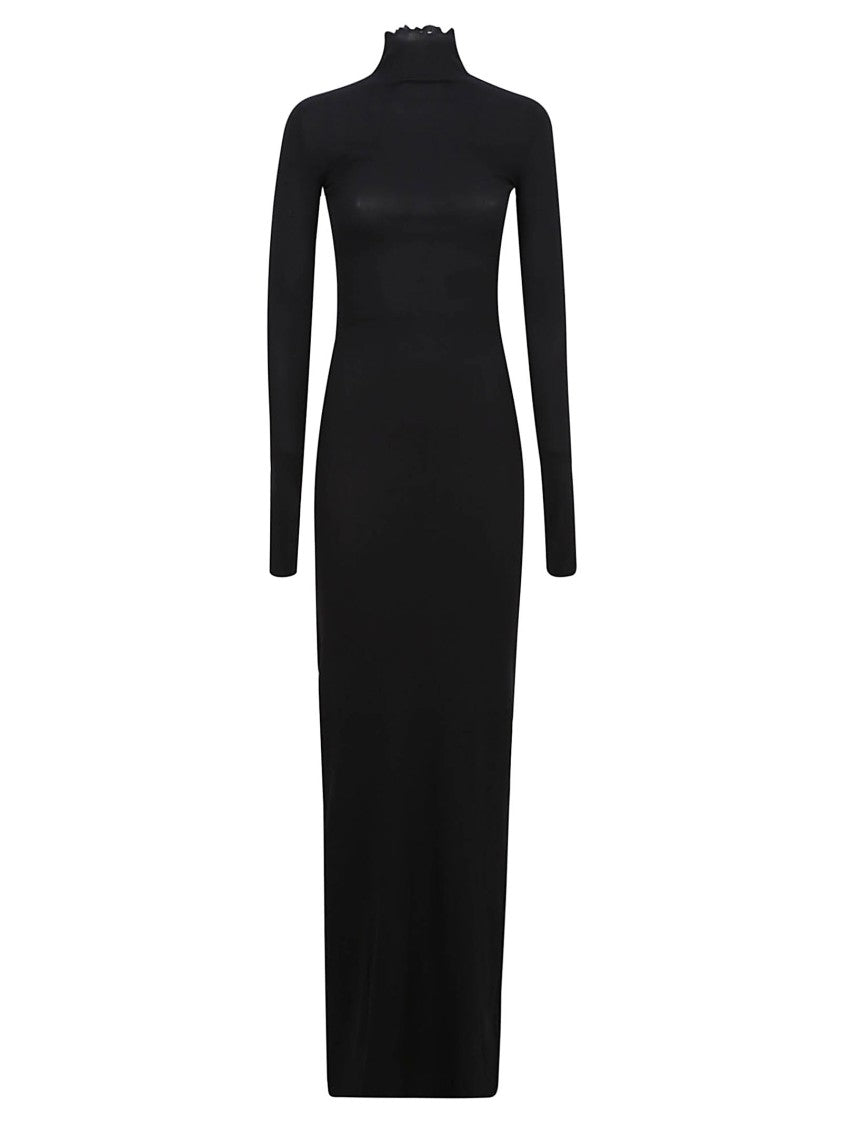 Balenciaga Form-Fitting Black Maxi Dress With Ruffled Neckline