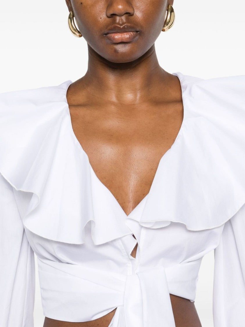 Balmain White Cropped Ruffled V-Neck Top