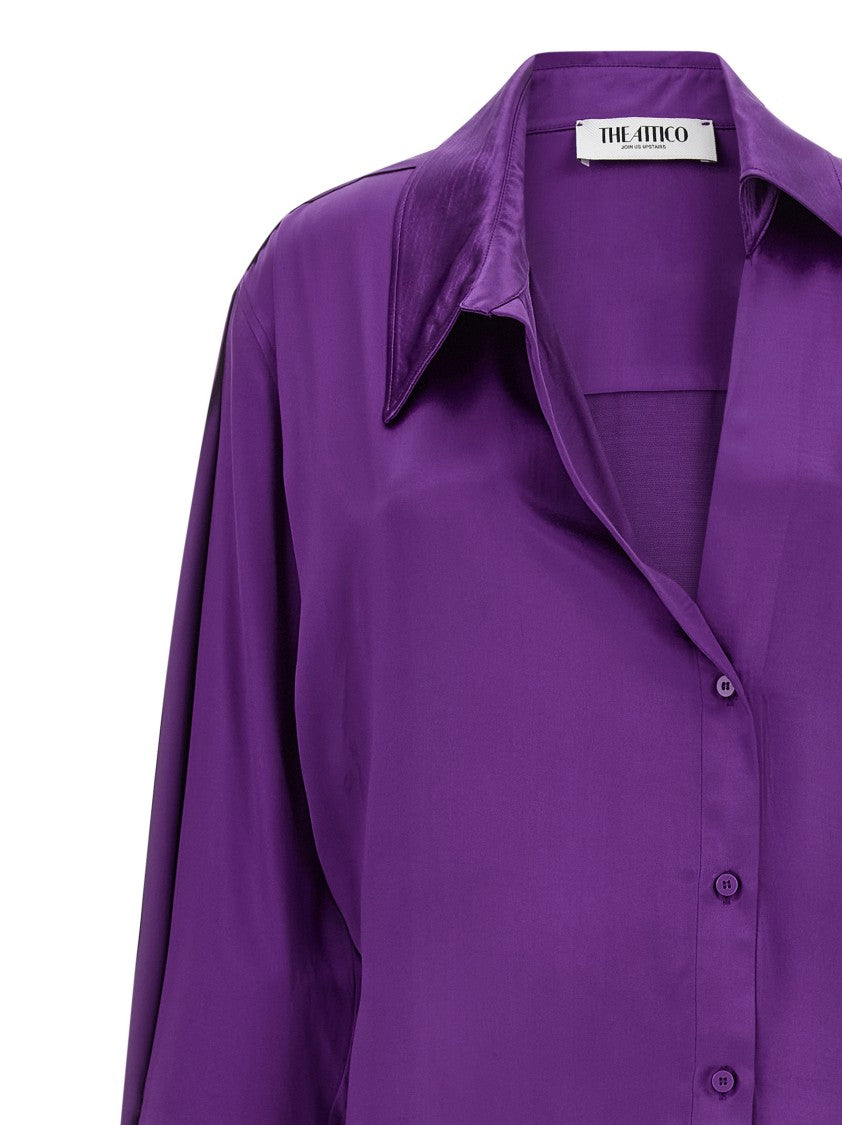 The Attico Asymmetrically Detailed Midi Chemisier Dress In Shiny Viscose