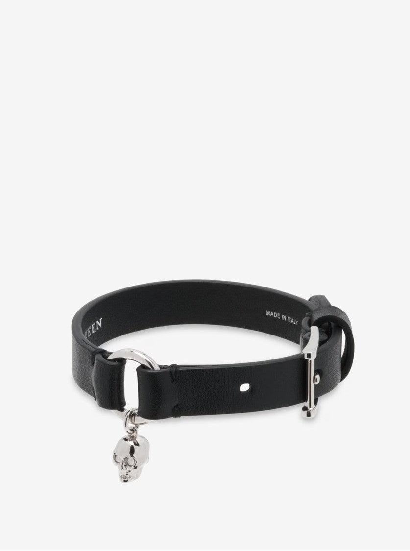 Alexander Mcqueen Skull Ring Leather Bracelet Black