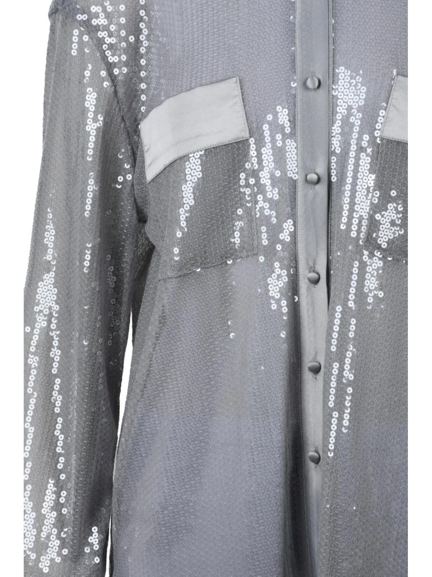 Weili Zheng Pearl Grey All-Over Sequin Polyester Shirt
