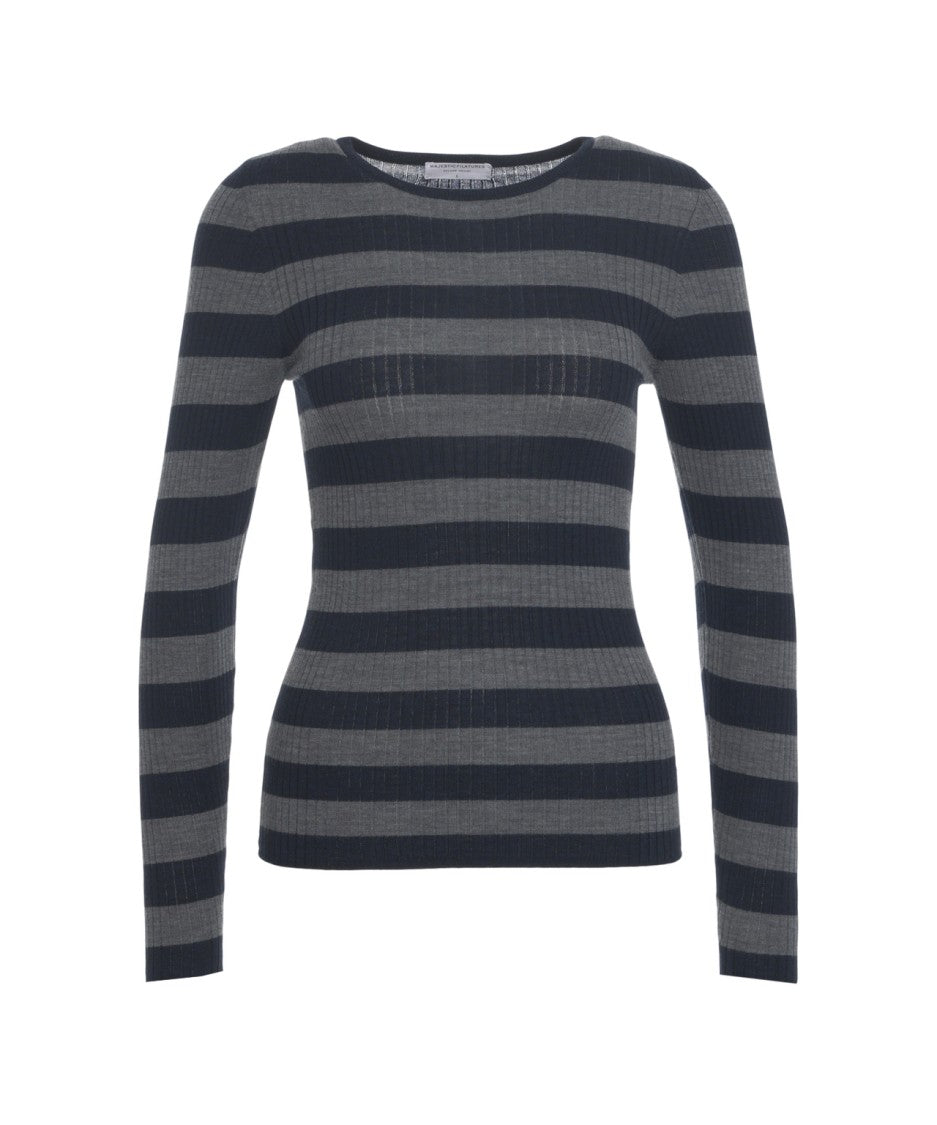 Majestic Filatures Ribbed Knit Pullover With Classic Round Neckline In Subtle Grey Stripes