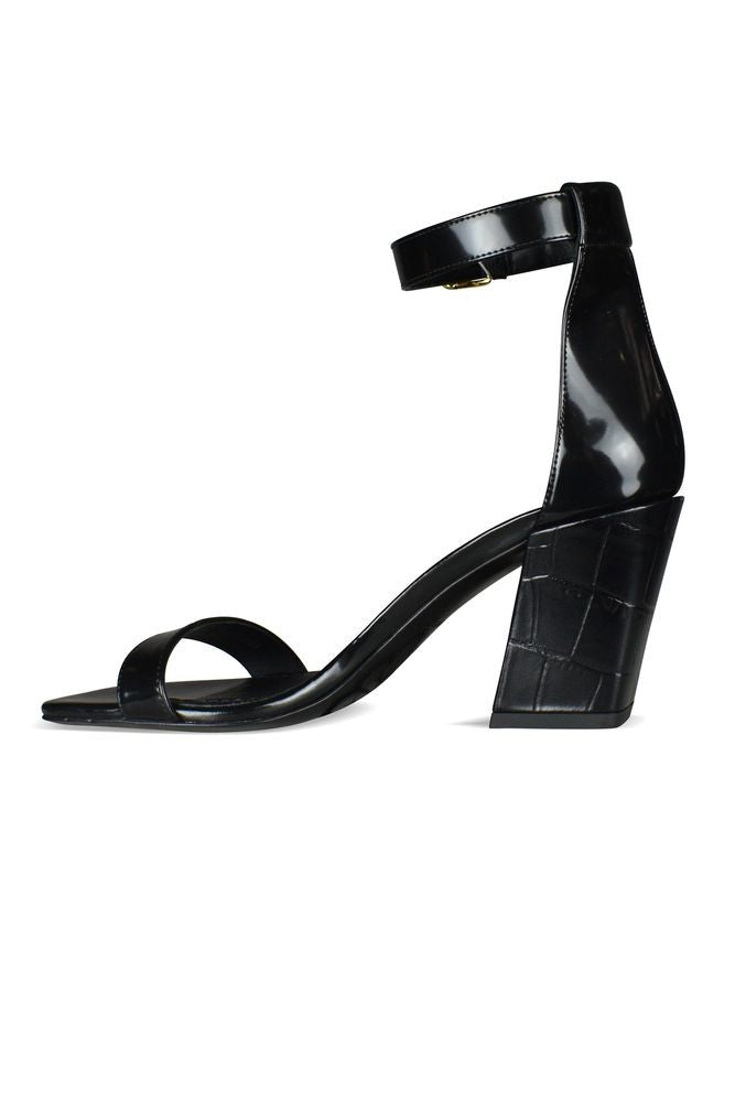 Burberry Black Leather Sandals With Crocodile-Patterned Block Heel