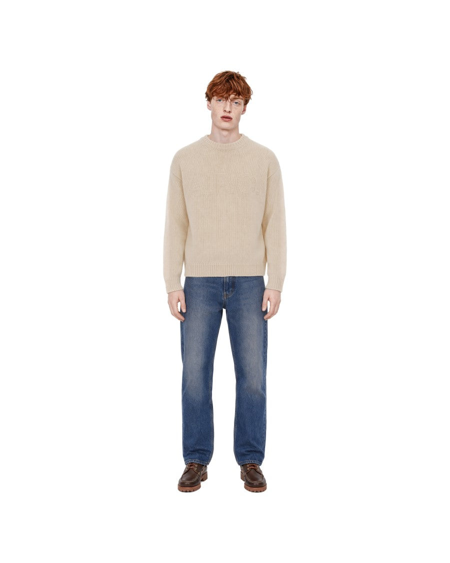 A.P.C. Cream Ribbed Knit Jacquard Logo Recycled Wool Sweater