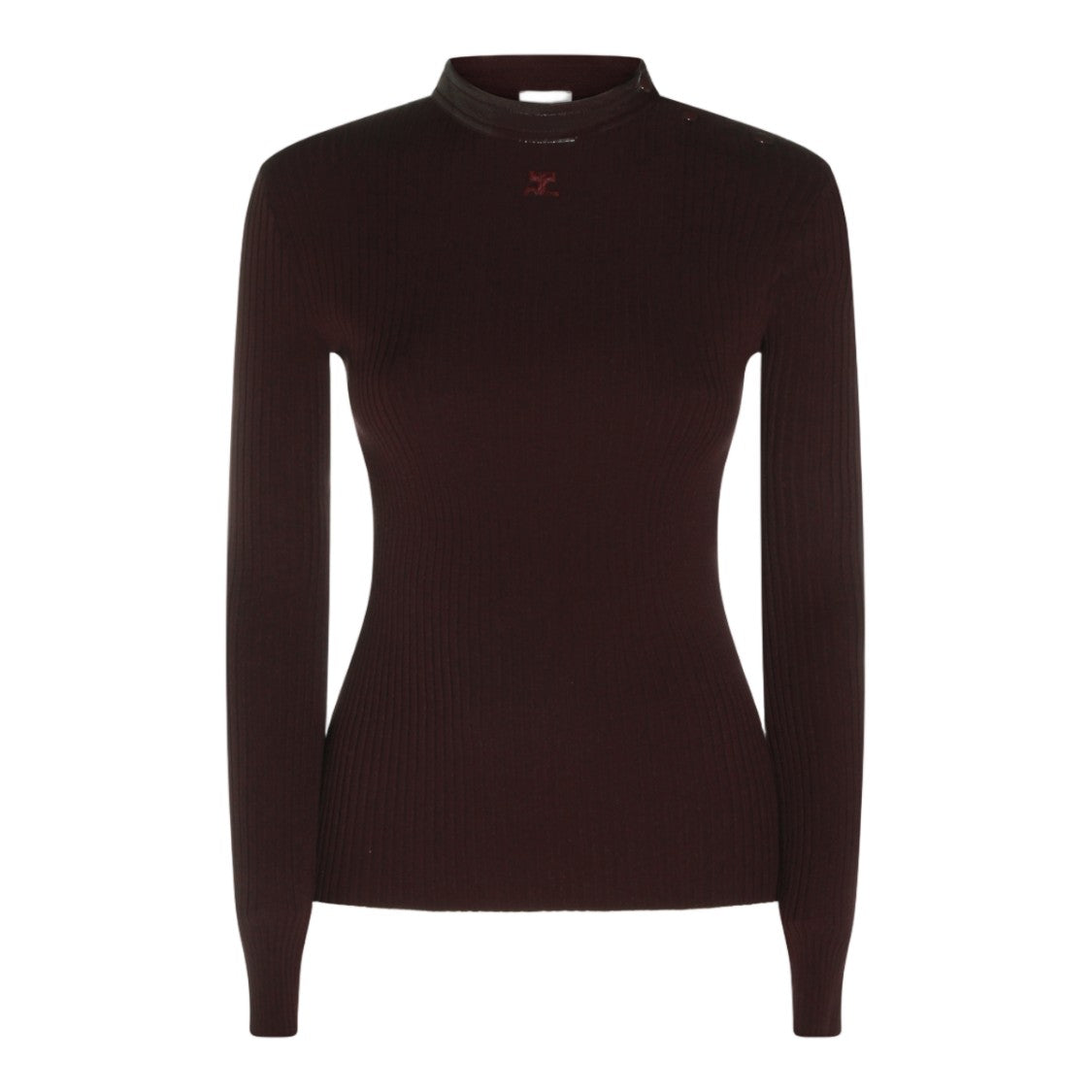 Courrèges Ribbed High Neck Sweater With Glossy Finish And Button Detail