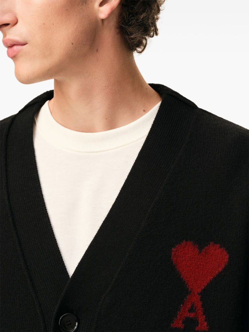 Ami Paris Black Knit Cardigan With V-Neck And Heart Detail