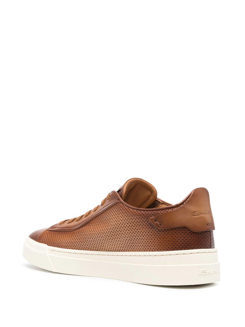 Santoni Brown Leather Casual Trainers With Perforated Detailing