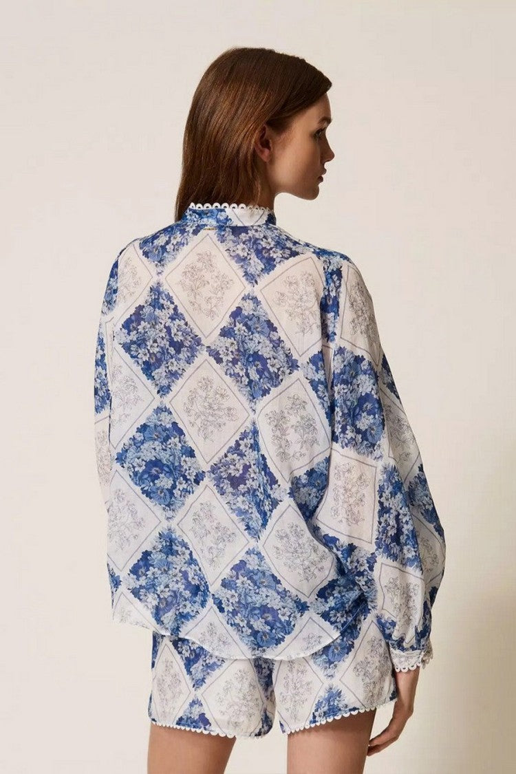 Twin-Set Blue Ramie Diamond-Patchwork Floral-Print Blouse