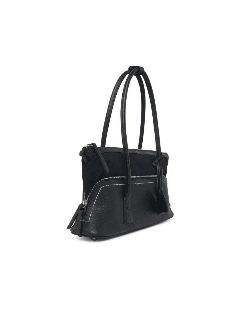 Maison Margiela Textured Black Leather Shoulder Bag With Fabric Accent