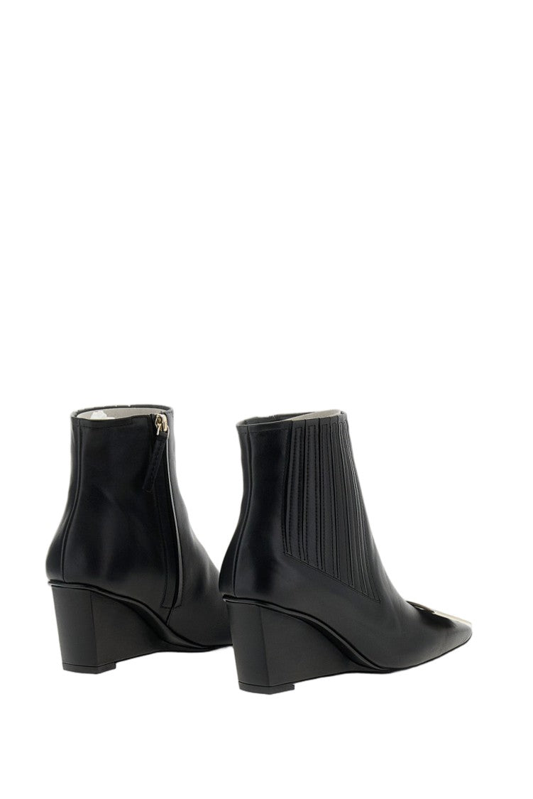 Roger Vivier Black Pointed-Toe Square-Buckle Ankle Boots