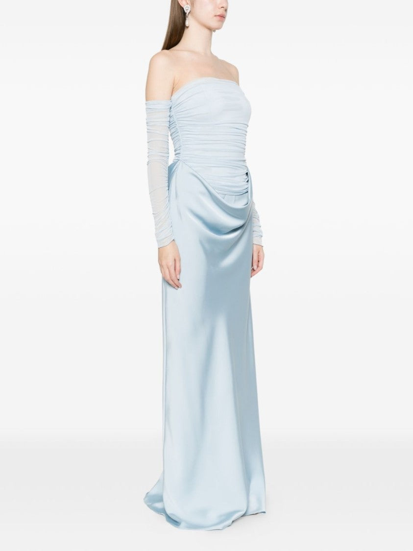 Rotate Strapless Evening Dress With Ruched Detailing And Sheer Mesh Sleeves