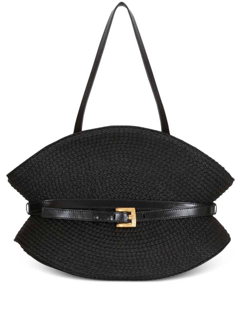 Balmain Black Sculptural Calfskin Gold Buckle Bag