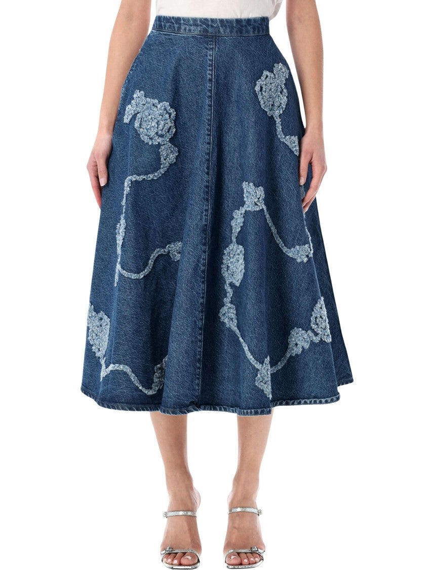 Rotate Floral Denim Midi Skirt