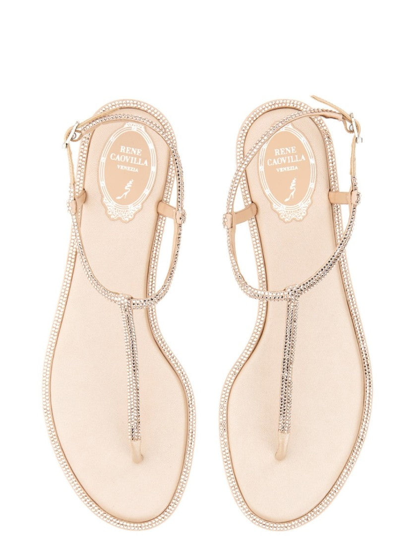 René Caovilla Diana T-Strap Embellished Flat Leather Sandals