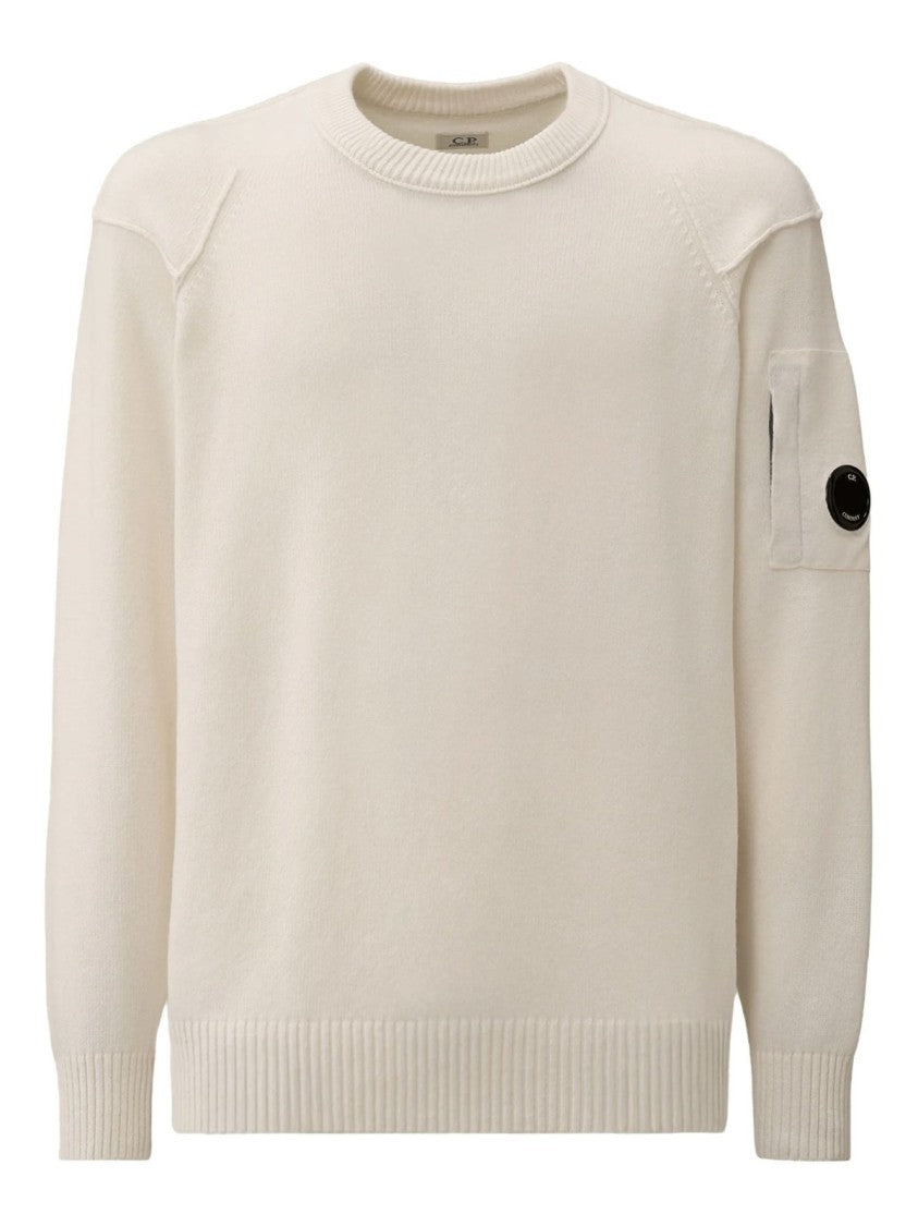 C.P. Company Minimalist White Wool Sweater With Emblem Detail