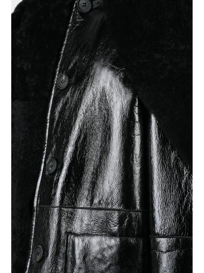 Alberta Ferretti Patent Shearling Coat With Stole And Hood