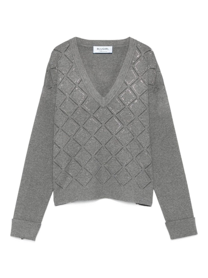 Blugirl Cropped Grey Sweater With V-Neckline