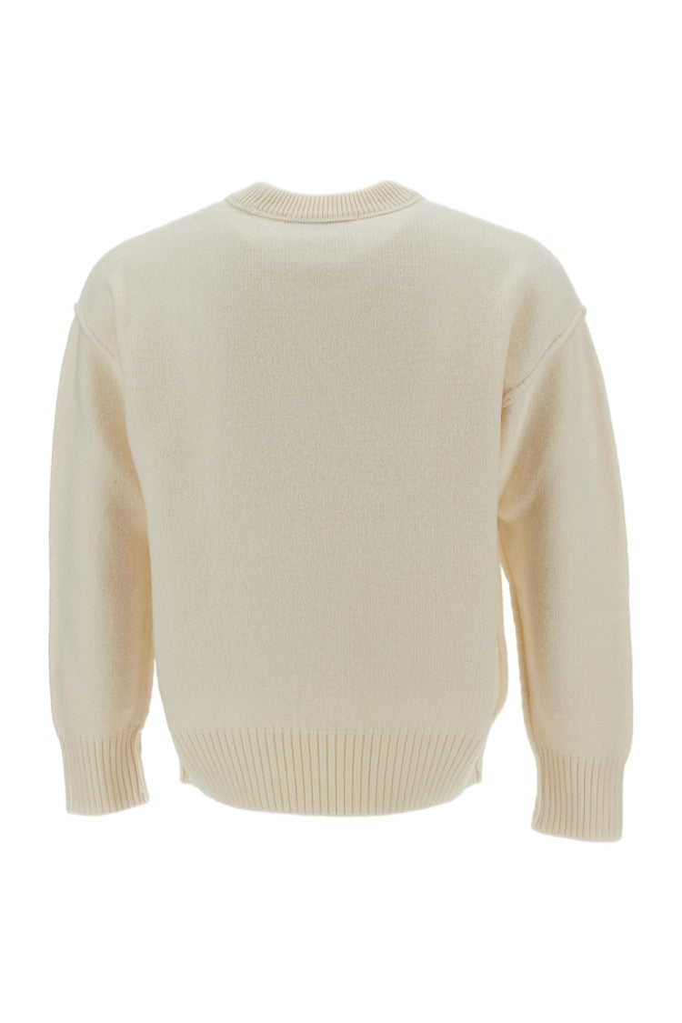 Ami Paris White Heart Intarsia Felted Merino Wool Sweater
